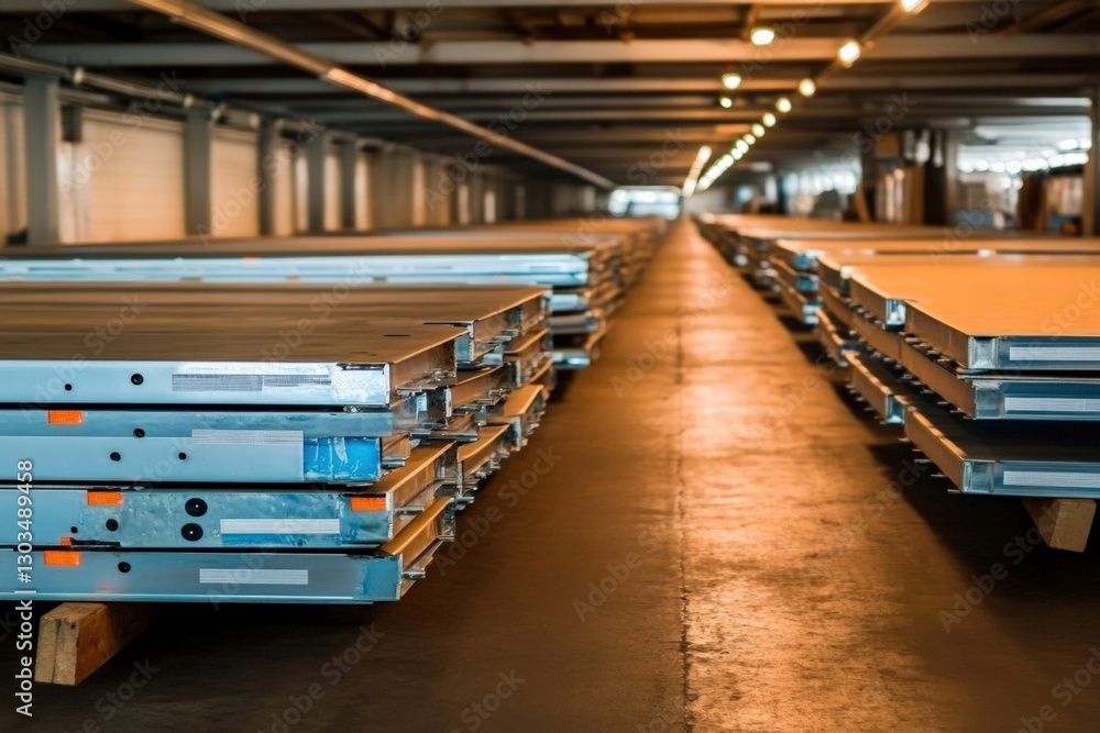 Fototapeta premium Industrial warehouse interior showcasing stacked metal shelves, organized storage space with illuminated pathway, efficient logistics management concept