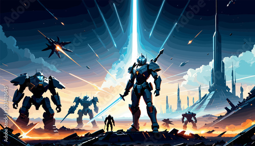 Futuristic armored mechs in an epic sci-fi battle