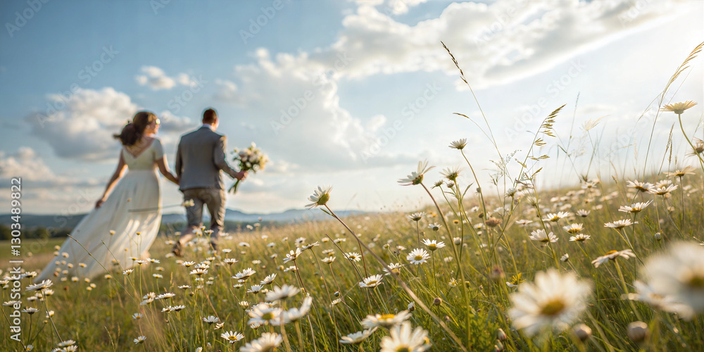 Romantic newlywed couple walking hand in hand through blooming wildflower meadow at sunset Romantic newlywed couple walking hand in hand through blooming wildflower meadow at sunset