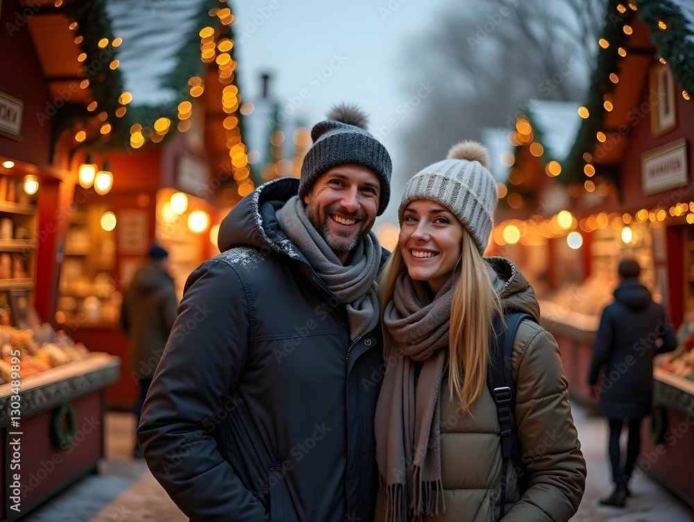 Couple enjoying and taking a stroll in a traditional christmas market - christmas markets concept Couple enjoying and taking a stroll in a traditional christmas market - christmas markets concept