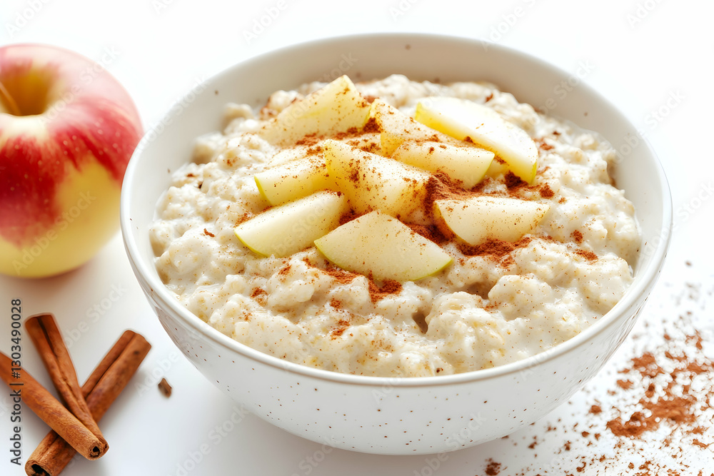 Warm oatmeal with cinnamon and apple slices, isolated on white background Warm oatmeal with cinnamon and apple slices, isolated on white background