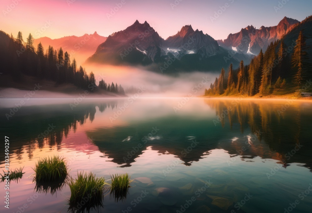 Fototapeta premium breathtaking mountain range bathed sunrise light surrounded ethereal mist creating captivating natural scene, adventure, beauty, climate, clouds, dawn