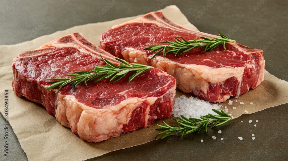 High-resolution shot of premium raw steaks with rosemary sprigs and sea salt on a neutral background. High-resolution shot of premium raw steaks with rosemary sprigs and sea salt on a neutral background.