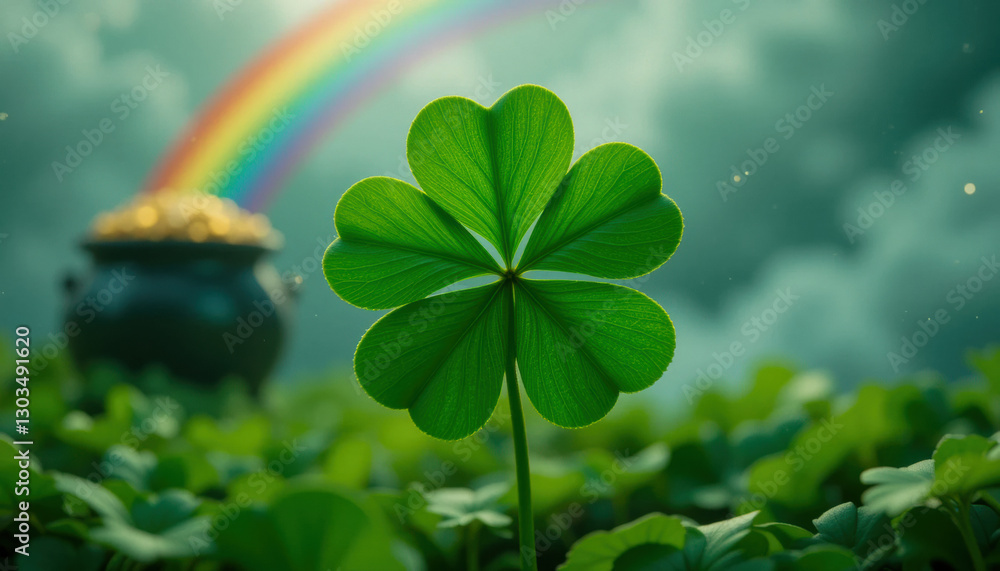 Obraz premium A shamrock with a rainbow and pot of gold in the background. St. Patrick's Day Concept.
