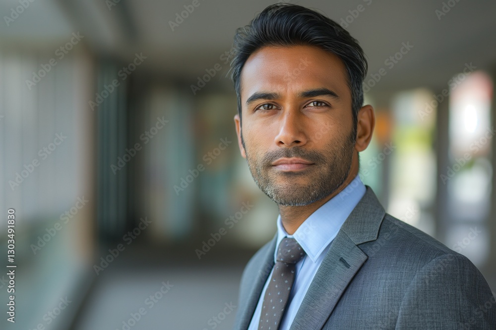 Fototapeta premium A confident South Asian man in his 30s wearing a suit, stands in a modern office setting, exuding professionalism and poise.