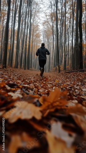 Person Jogging on a Forest Trail Covered in Autumn Leaves During a Foggy Morning