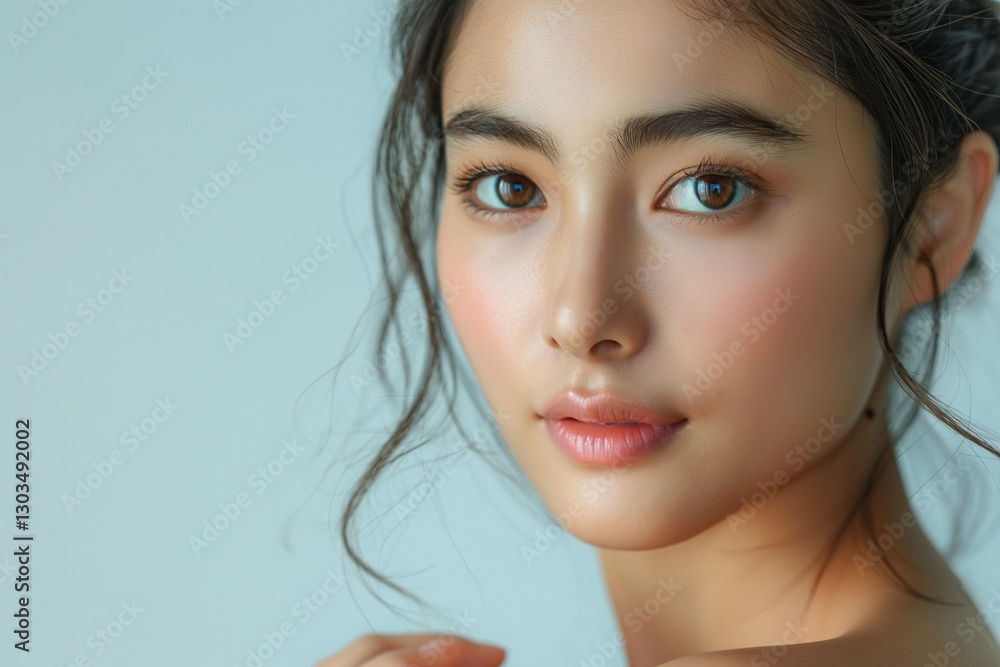 Naklejka premium A beautiful young Asian woman with soft features and captivating brown eyes poses gracefully, radiating natural elegance.