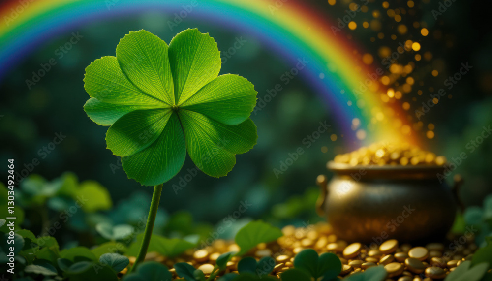 Obraz premium A shamrock with a rainbow and pot of gold in the background. St. Patrick's Day Concept.
