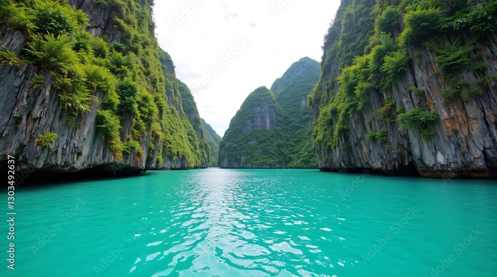Breathtaking View of Turquoise Water Through Lush Green Cliffs Breathtaking View of Turquoise Water Through Lush Green Cliffs