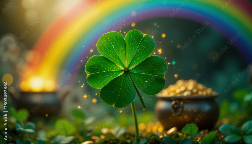 Obraz premium A shamrock with a rainbow and pot of gold in the background. St. Patrick's Day Concept.