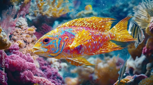 tropical fish in the sea, close up of tropical colorful fish, underwater life