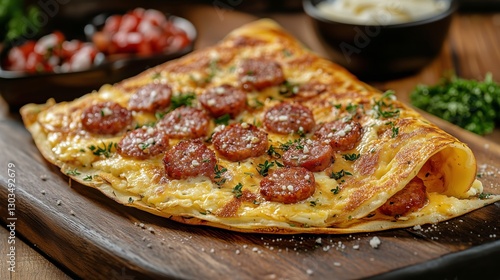 Wallpaper Mural Savory Omelette Topped With Sauted Sausage and Fresh Tomatoes on a Rustic Wooden Plate Torontodigital.ca