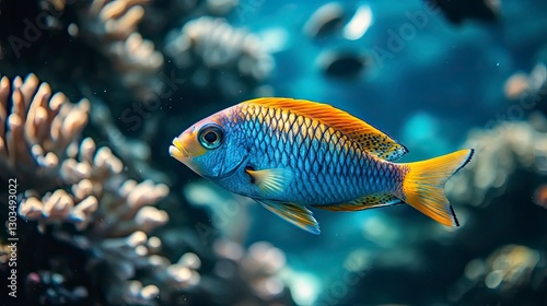 tropical fish in the sea, close up of tropical colorful fish, underwater life