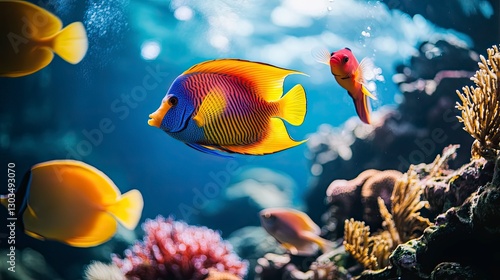 tropical fish in the sea, close up of tropical colorful fish, underwater life