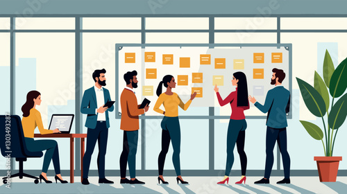 Diverse team brainstorming with sticky notes in modern office