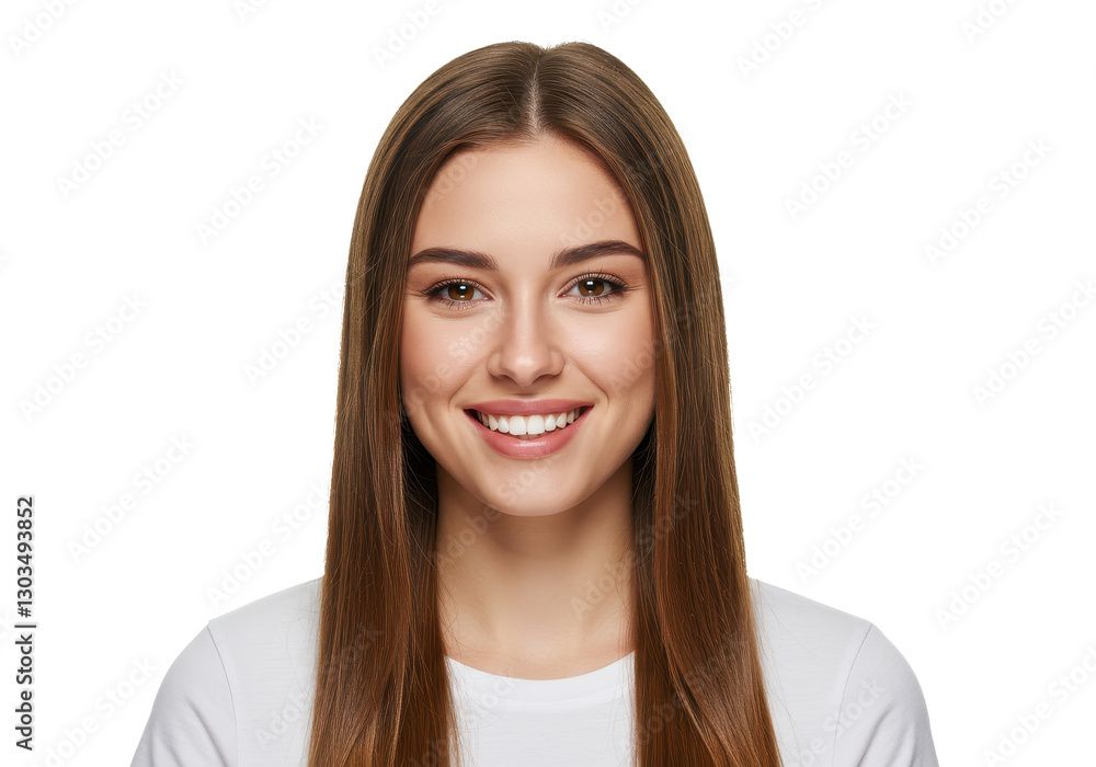 A happy young woman with long straight brown hair wearing a casual white t-shirt isolated on transparent background A happy young woman with long straight brown hair wearing a casual white t-shirt isolated on transparent background