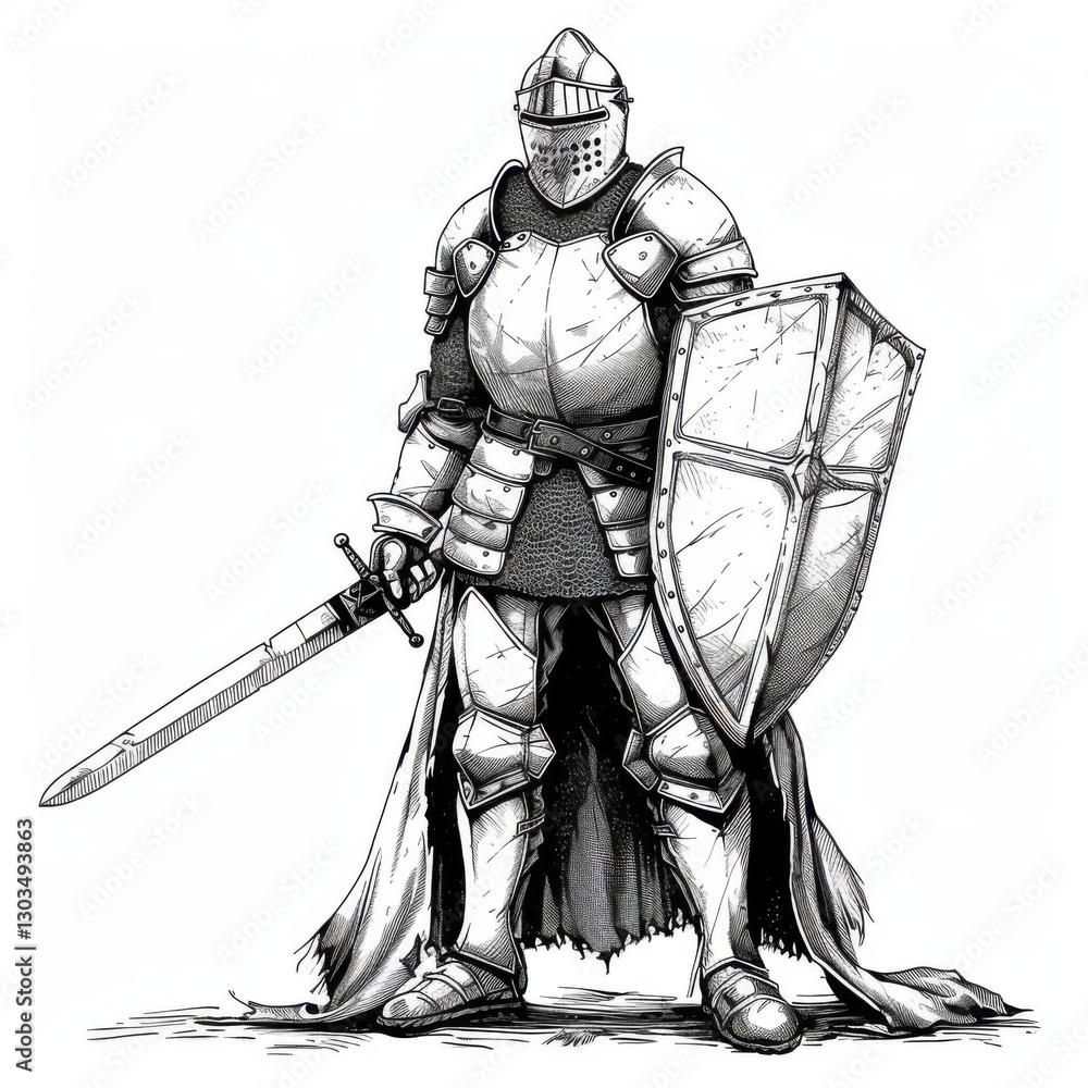 Fototapeta premium Detailed Illustration of Knight in Armor with Sword and Shield