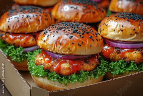 Juicy Grilled Chicken Sandwiches With Fresh Toppings Ready for Serving in a T...
