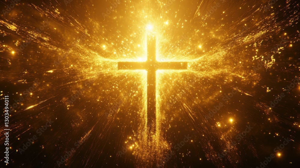 Fototapeta premium A radiant cross surrounded by golden light, symbolizing faith and hope, creating a serene and uplifting atmosphere.
