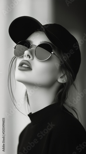 Model Poses in Black Cap and Sunglasses With a Stylish Expression Indoors