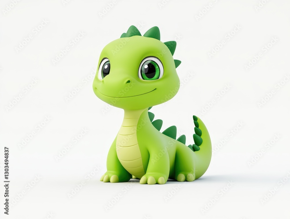 Fototapeta premium Cute green cartoon dinosaur character sitting on a white background, smiling joyfully