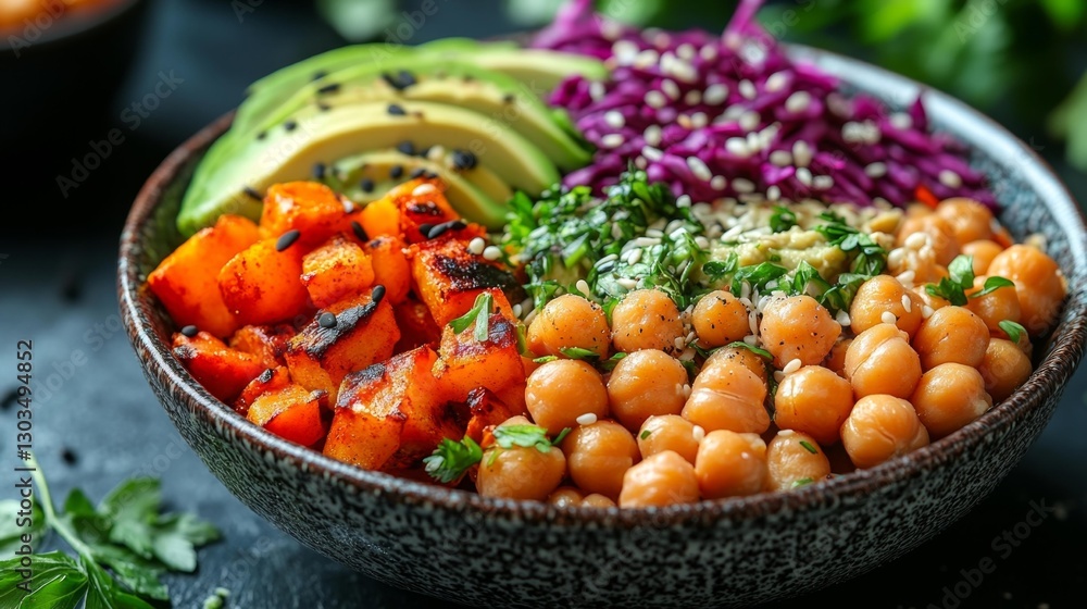 Colorful Buddha Bowl with Chickpeas and Roasted Vegetables. Generative AI Colorful Buddha Bowl with Chickpeas and Roasted Vegetables. Generative AI