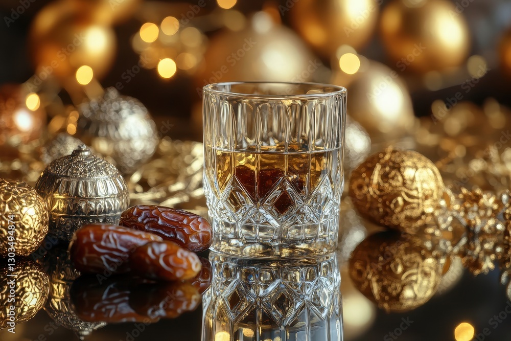 Glass of whiskey on table surrounded by gold ornaments and Christmas decorations Glass of whiskey on table surrounded by gold ornaments and Christmas decorations