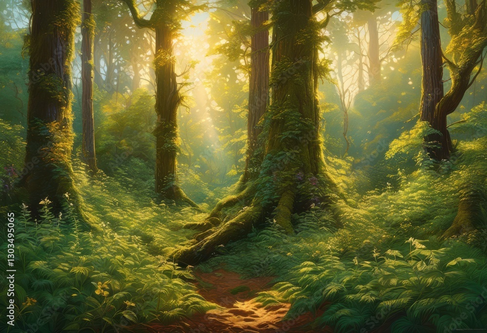 Obraz premium lush vibrant forest scenes featuring diverse textured plants rich foliage under sunlit vistas nature exploration, aerial, blooms, biodiversity, biomes