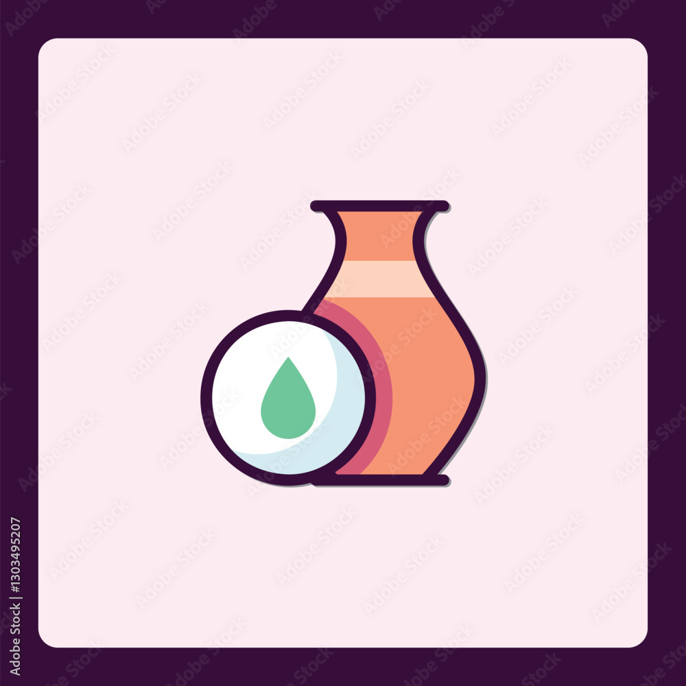 Minimalist icon featuring a water droplet beside a pottery vase in pastel hues Minimalist icon featuring a water droplet beside a pottery vase in pastel hues