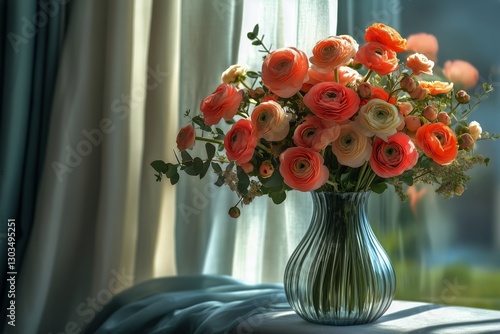 Beautiful Arrangement of Ranunculus Flowers in a Vase by a Window in Soft Mor...