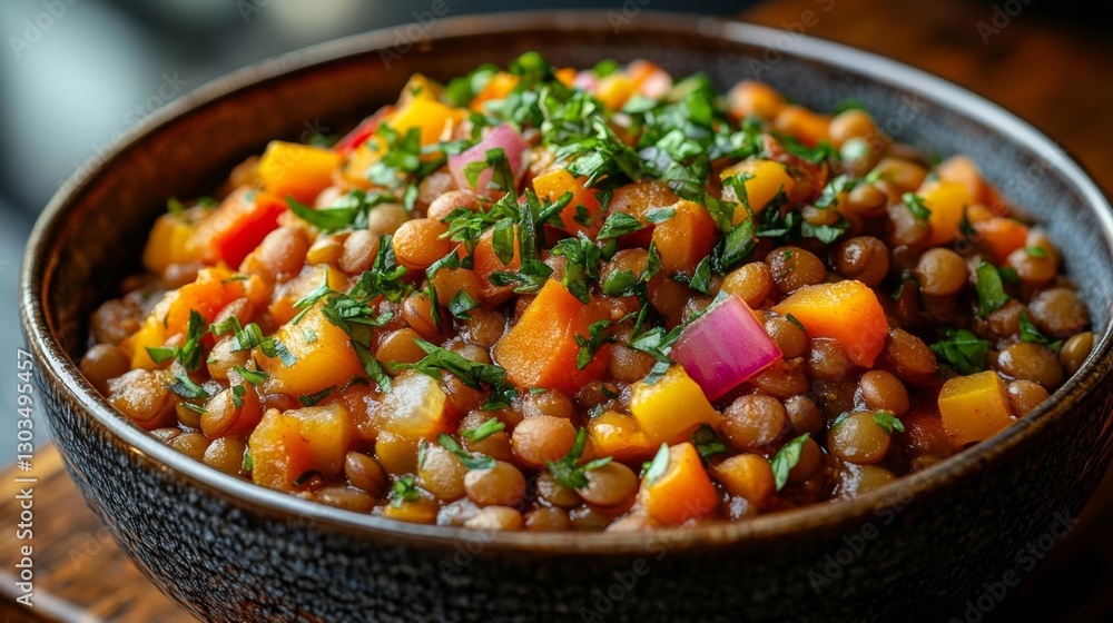 Lentil and vegetable stew served with a sprinkle of fresh herbs. Generative AI Lentil and vegetable stew served with a sprinkle of fresh herbs. Generative AI
