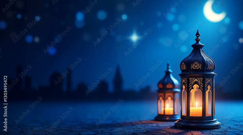 Fototapeta premium Ramadan, Eid Lanterns at Night, Islamic Festive Lights, Crescent Moon & Spiritual Atmosphere.Blue night background, generative ai