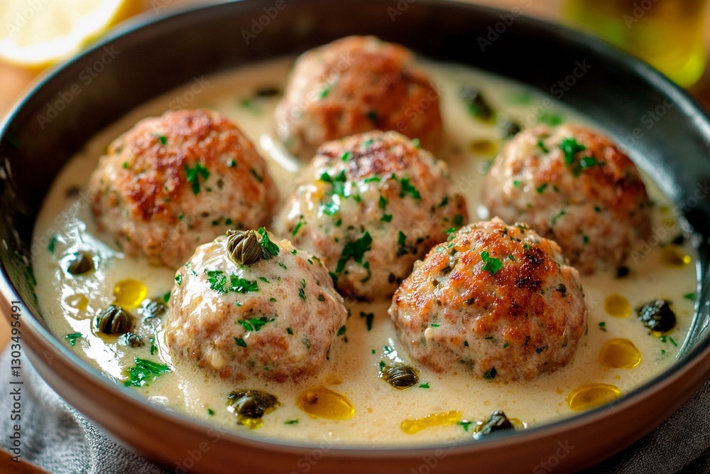 Fototapeta premium A rustic bowl filled with succulent meatballs swimming in a creamy sauce, garnished with fresh herbs and accompanied by a drizzle of olive oil. Perfect for a cozy meal