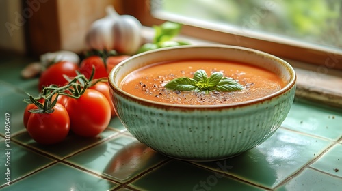 Delicious Tomato Soup Garnished With Basil and Spices in a Rustic Kitchen Set...