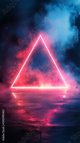 Vibrant Neon Triangle Glowing Through Colorful Smoke During Nighttime Setting
