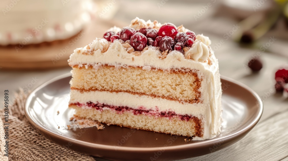 Slice of birthday cake with berries. Premium food background Slice of birthday cake with berries. Premium food background
