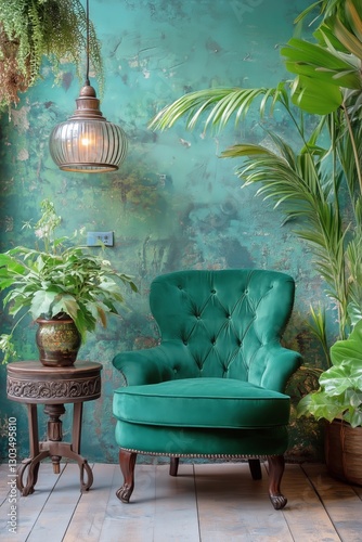 Cozy Green Chair in a Vintage Decor Setting With Lush Plants and Warm Lighting