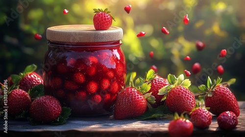 Fresh Strawberries Splash Around a Jar of Homemade Jam in Sunlight
