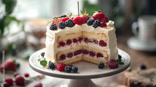 Wallpaper Mural Slice of birthday cake with berries. Premium food background Torontodigital.ca