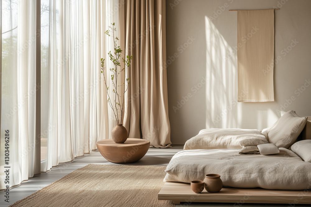 Minimalist Neutral Bedroom with Soft Curtains and Warm Light