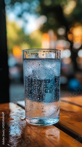 Refreshing Cocktail Served in a Glass With Ice on a Wooden Table in a Cozy Ba...