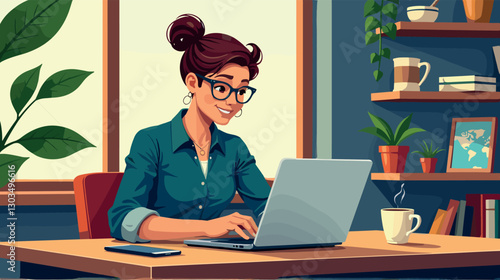 Young entrepreneur working on laptop in cozy cafe
