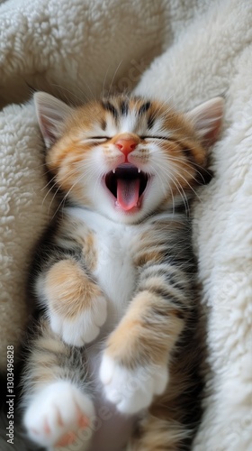 Playful Orange Kitten Yawning Happily While Snuggled in Soft Blanket on a Coz...