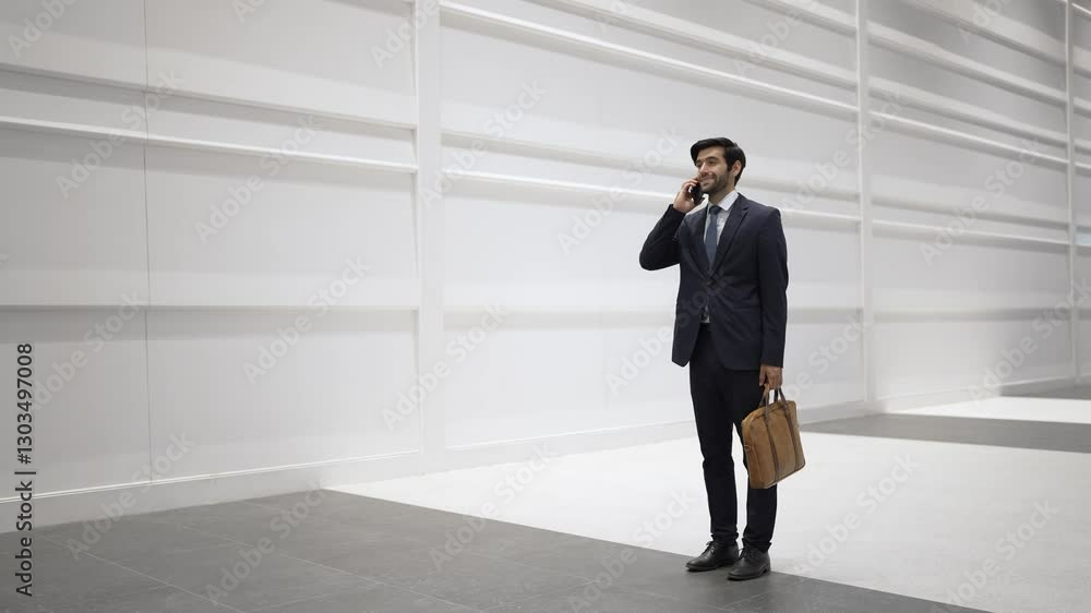 Skilled manager using phone call to contact colleague about project. Leader walking while stop to call his business team to report and discuss about sales while standing at white background. Exultant. Skilled manager using phone call to contact colleague about project. Leader walking while stop to call his business team to report and discuss about sales while standing at white background. Exultant.