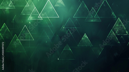Abstract green triangular patterns create a dynamic visual effect in a low-light setting