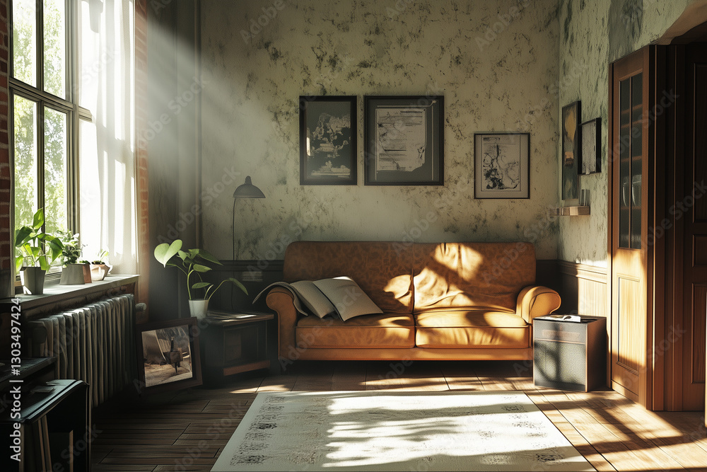 Rustic Vintage Living Room with Leather Sofa and Warm Lighting