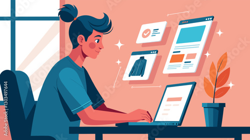Person shopping online with futuristic holographic interface