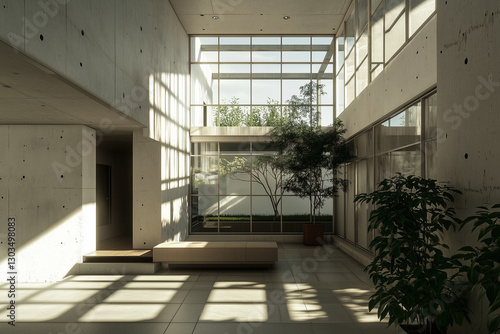 Obraz na płótnie Industrial Minimalist Home with Concrete Walls & Glass Windows
w salonie