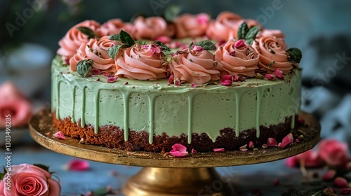 Elegant Mint Green Cake Adorned With Pink Frosting and Pistachios on a Golden...