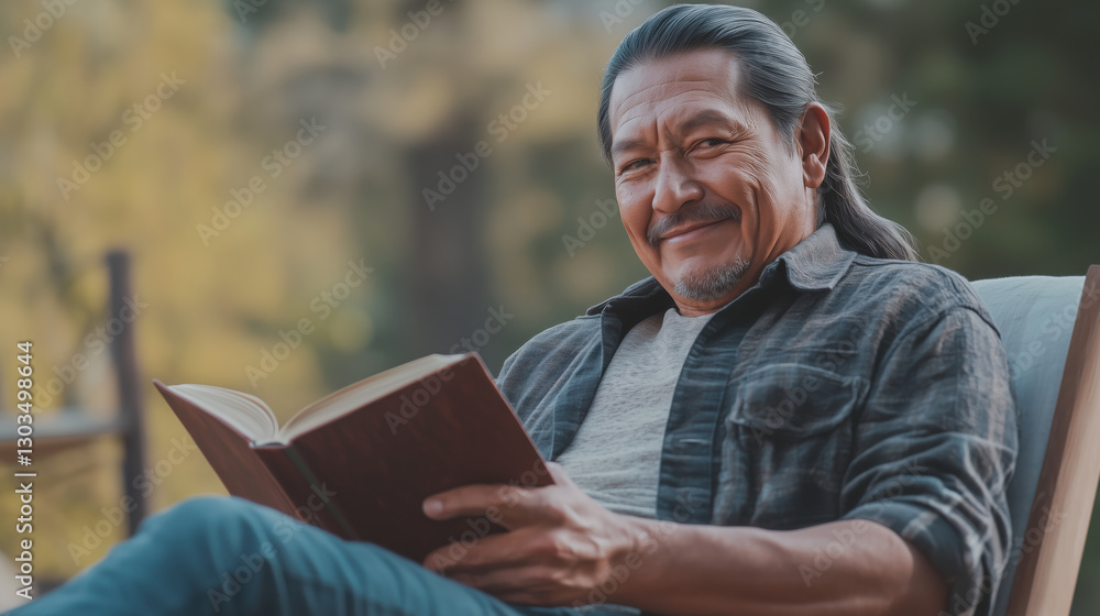 Native American Man in His Mid-30s Sitting in a Chair, Smiling Contently While Reading a Book in a Peaceful Setting Native American Man in His Mid-30s Sitting in a Chair, Smiling Contently While Reading a Book in a Peaceful Setting